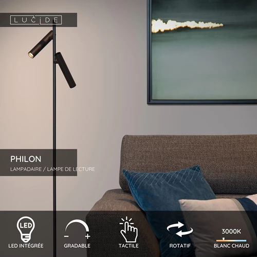 Lucide PHILON - Lampadaire / lampe de lecture - Ø 23 cm - LED Dim. - 2x4,5W 3000K - Noir - USP
